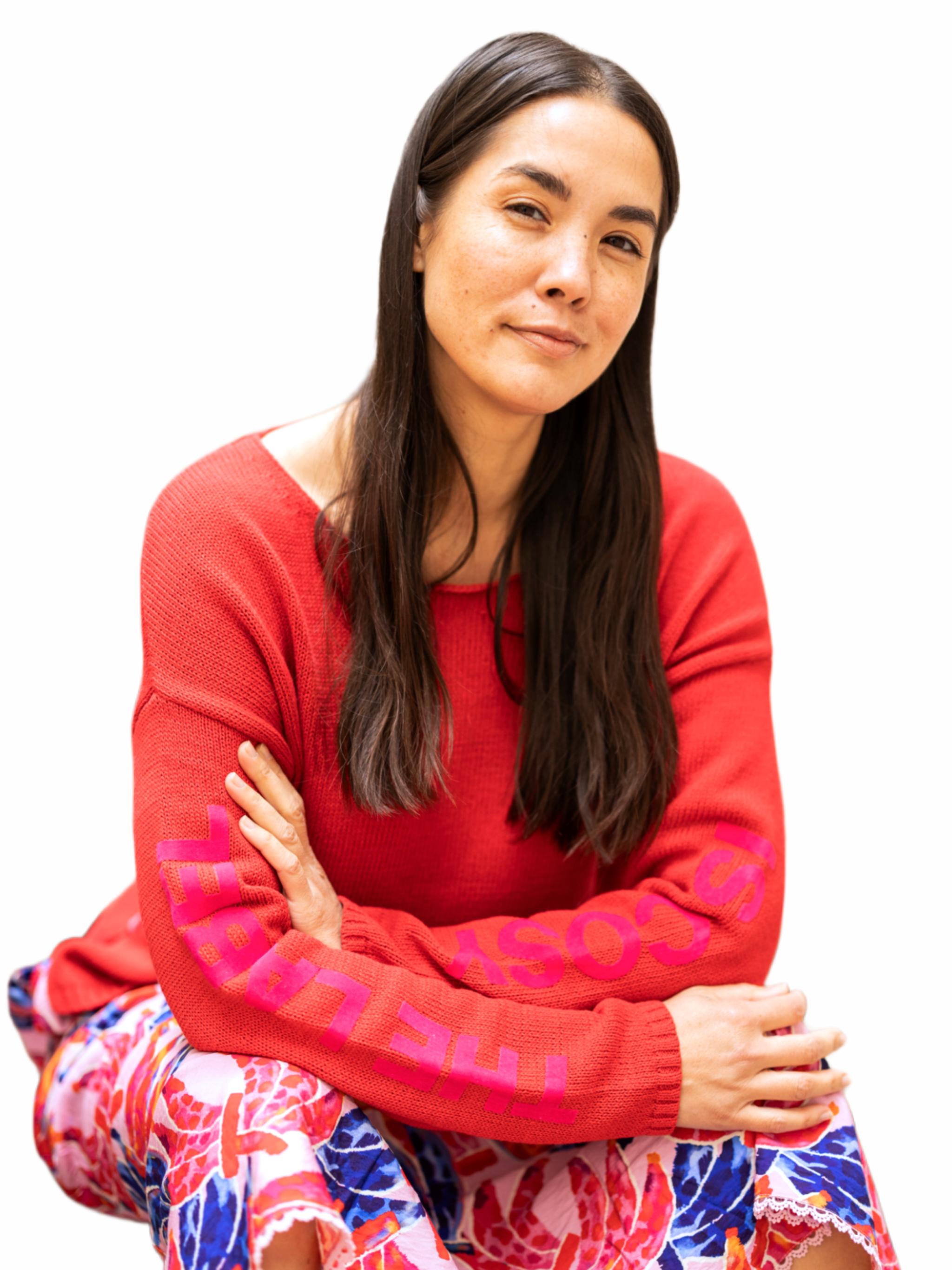Strickpullover mit Flockschrift & Ziernaht