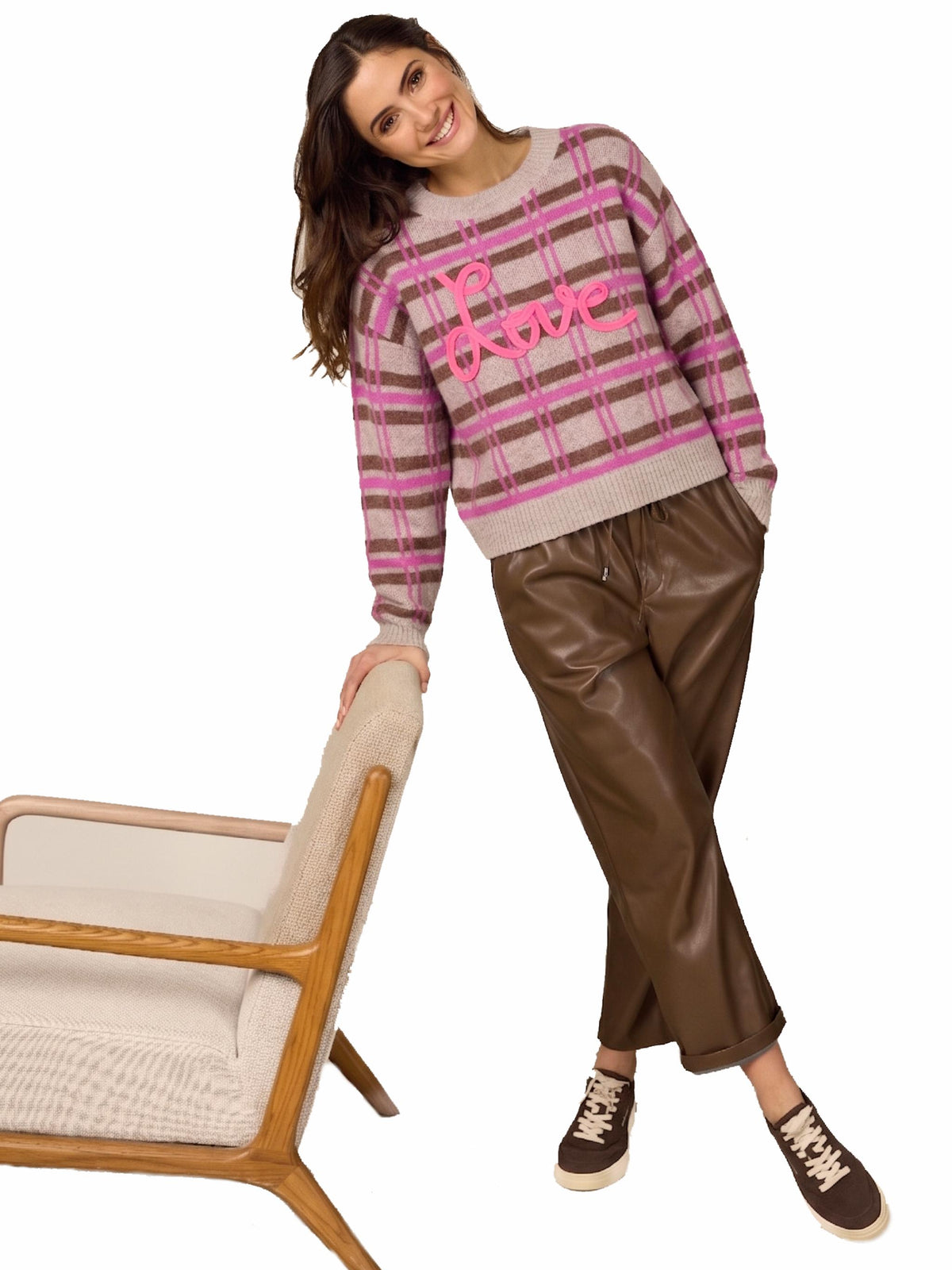 Damen Strickpullover im Karo Jacquard mit "Love" patch aus Woll-Alpaka Mischung - DelphineC