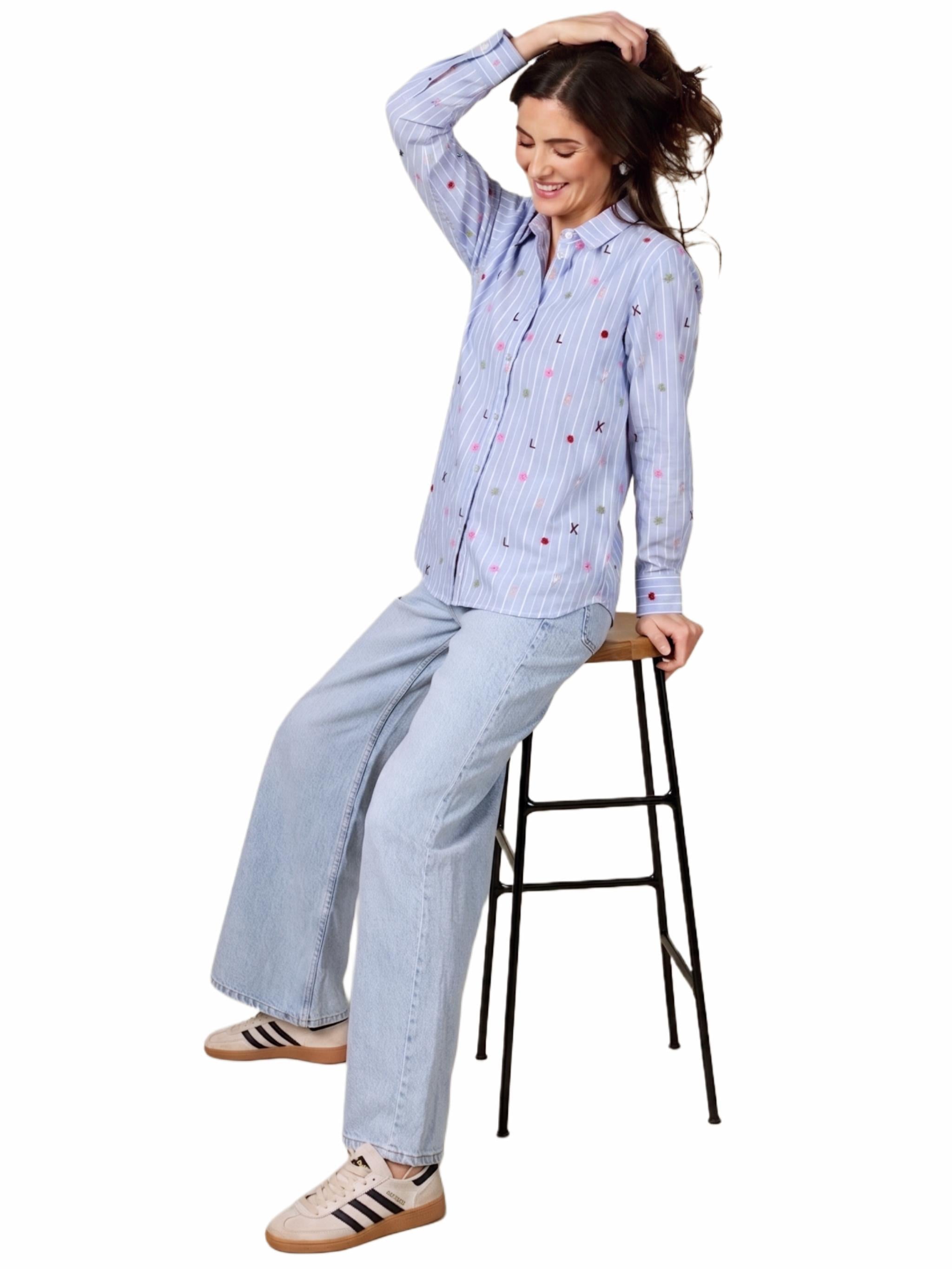 Damen Bluse gestreift mit allover Stickerei aus Baumwolle - GesaC