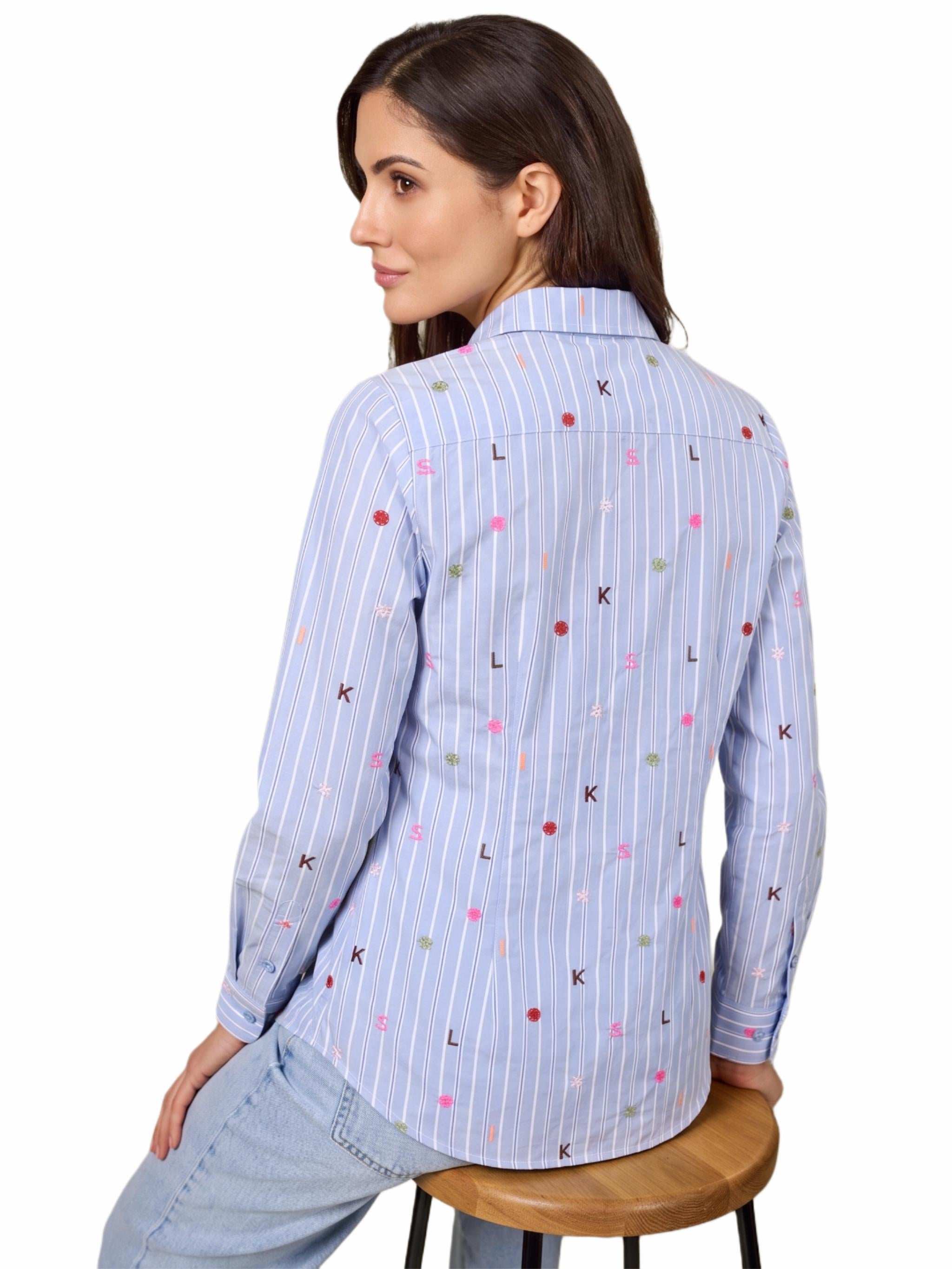Damen Bluse gestreift mit allover Stickerei aus Baumwolle - GesaC