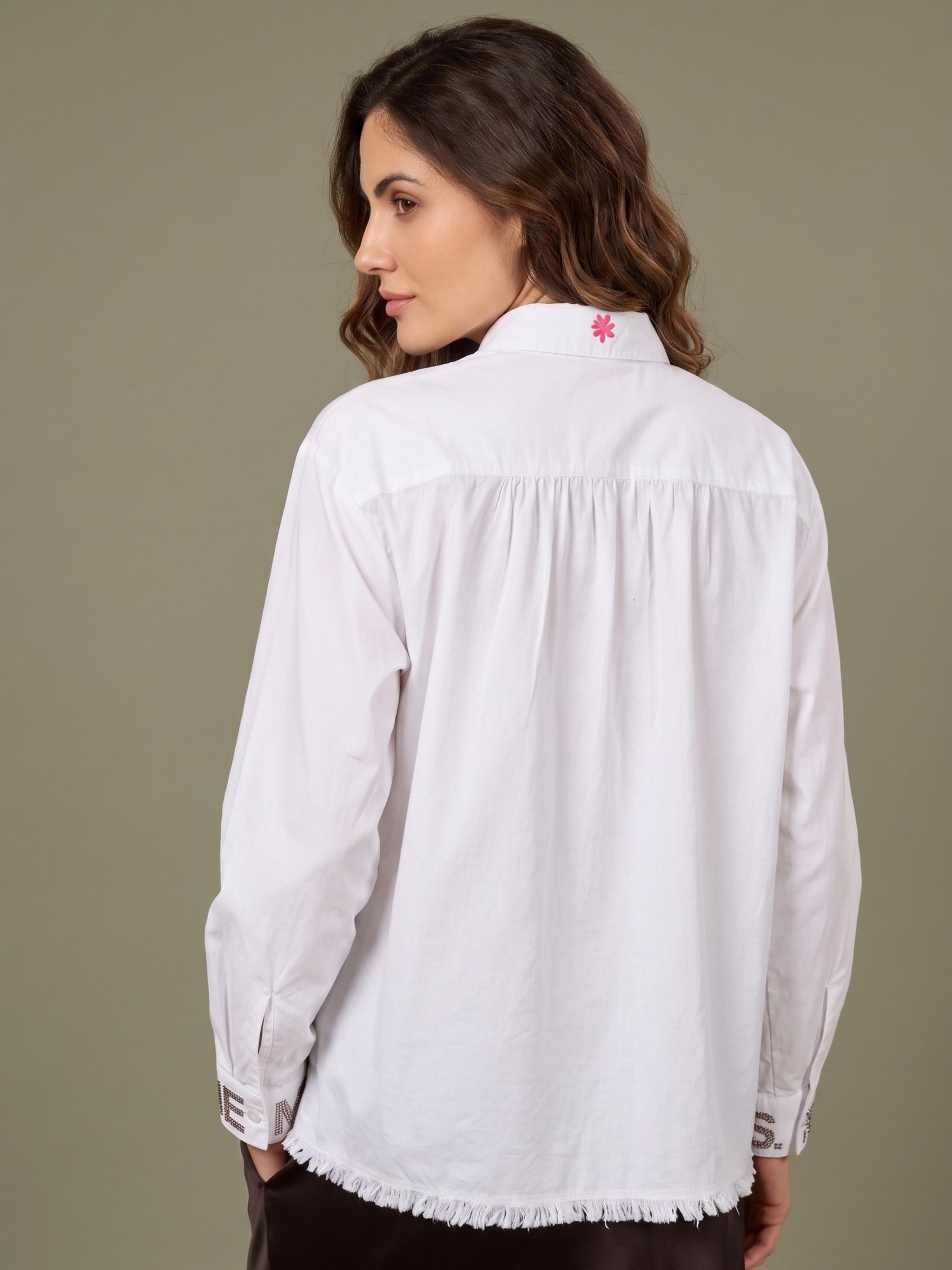 Damen Bluse uni mit gestreift mit Brusttasche, Raffung am Rückenteil aus Baumwolle - GraceC