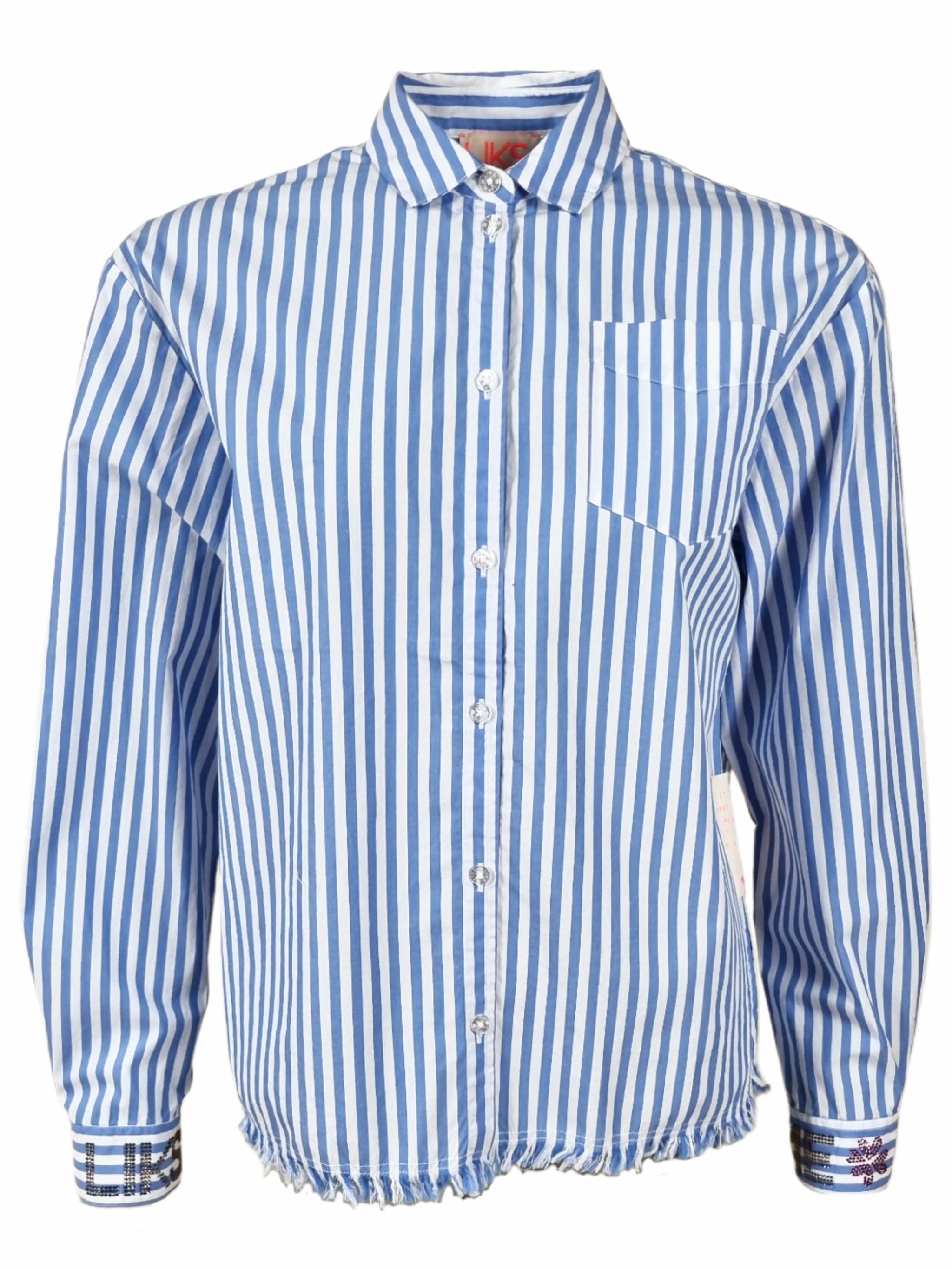 Damen Bluse uni mit gestreift mit Brusttasche, Raffung am Rückenteil aus Baumwolle - GraceC
