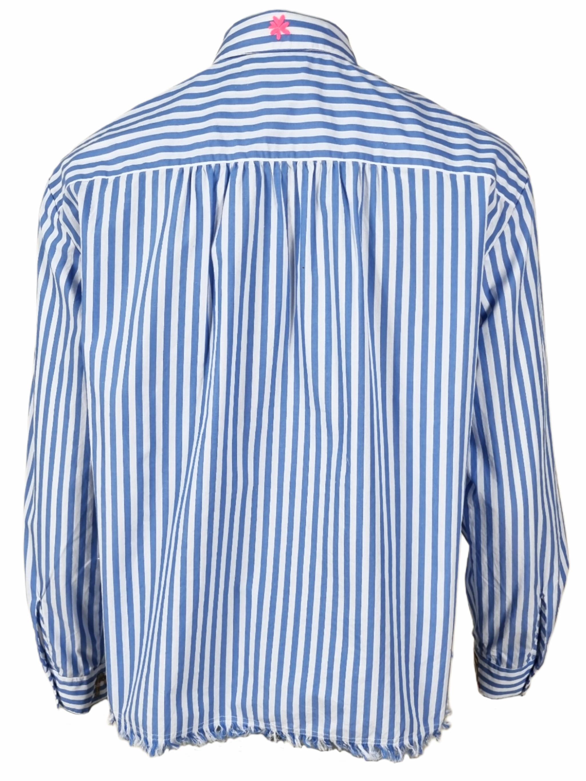 Damen Bluse uni mit gestreift mit Brusttasche, Raffung am Rückenteil aus Baumwolle - GraceC