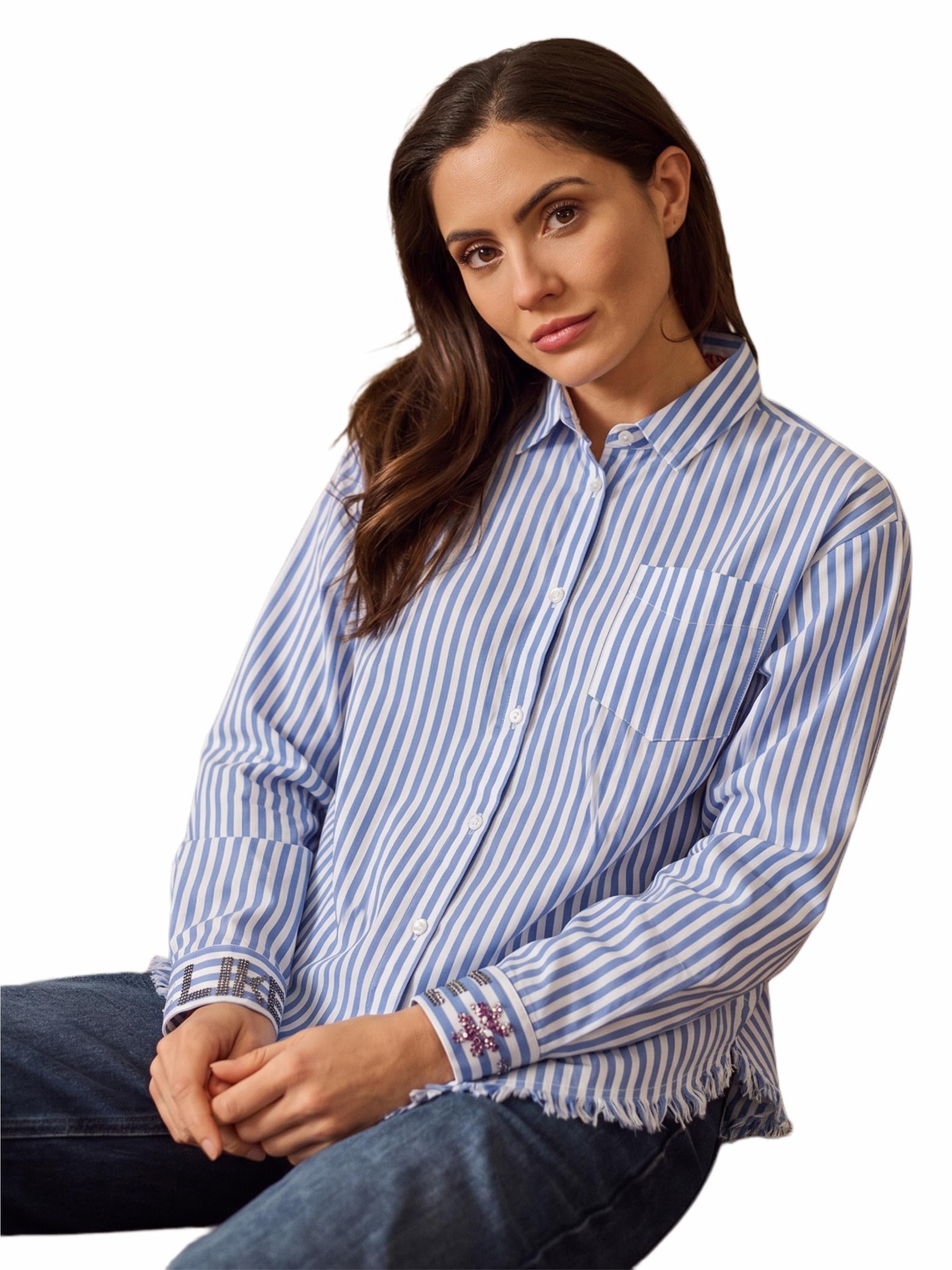 Damen Bluse uni mit gestreift mit Brusttasche, Raffung am Rückenteil aus Baumwolle - GraceC