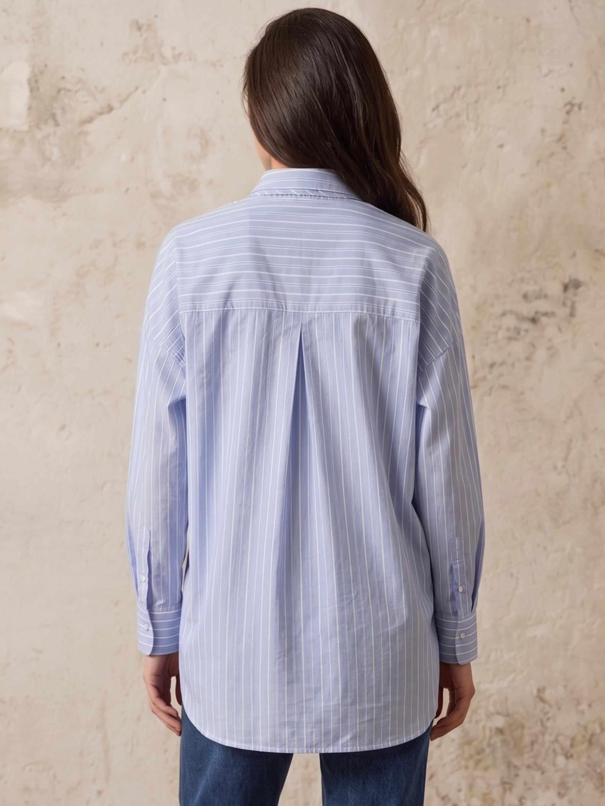 Damen Bluse gestreift mit Krawatte, Rückenfalte und Stickerei an den Manschetten - GloriaC