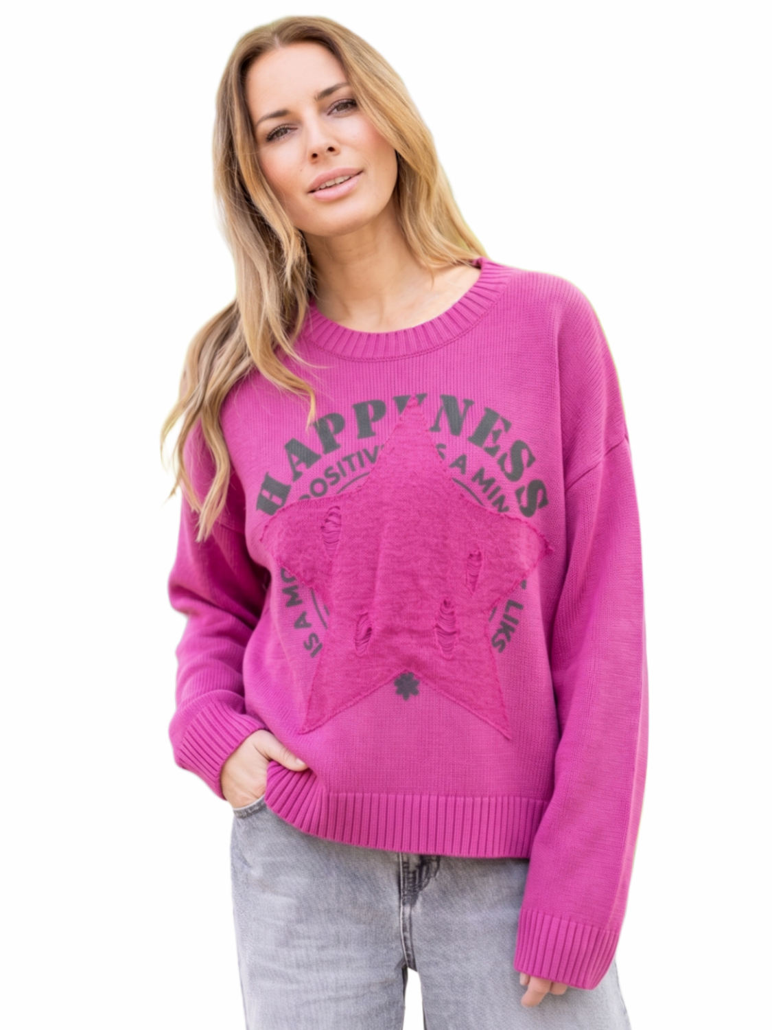 Damen Strickpullover mit Flockprint und Sternpatch am Vorderteil aus Baumwoll - Polyacryl - Mischung