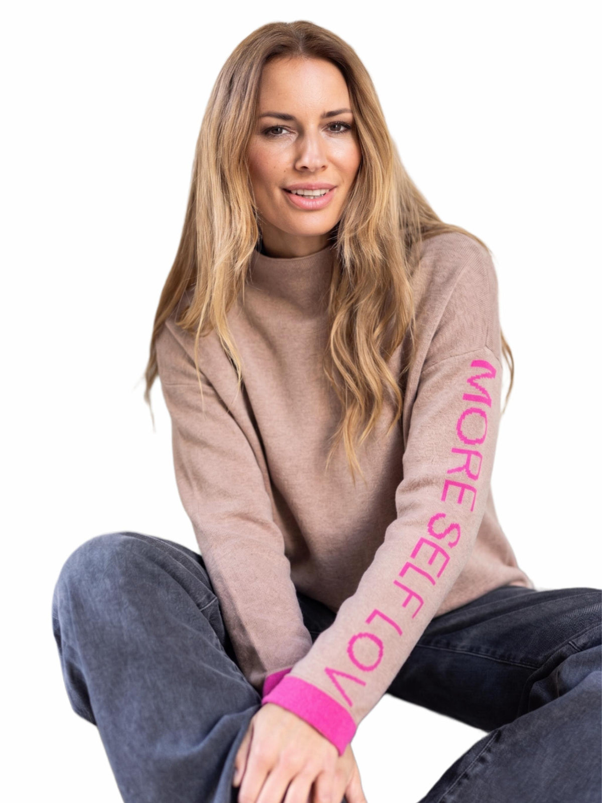 Damen Strickpullover mit Stehkragen & Schriftzug – BellC