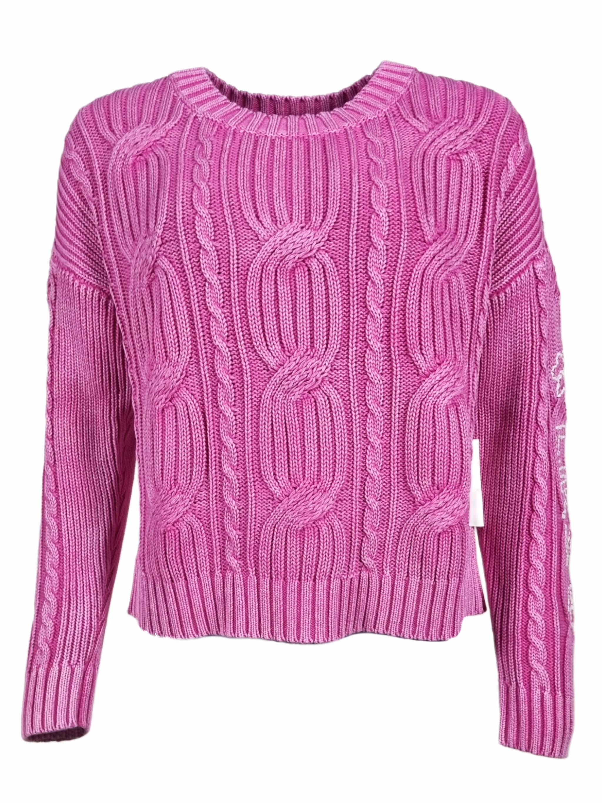 Damen Strickpullover aus Zopfmuster mit Stickerei aus Baumwolle - DoroC