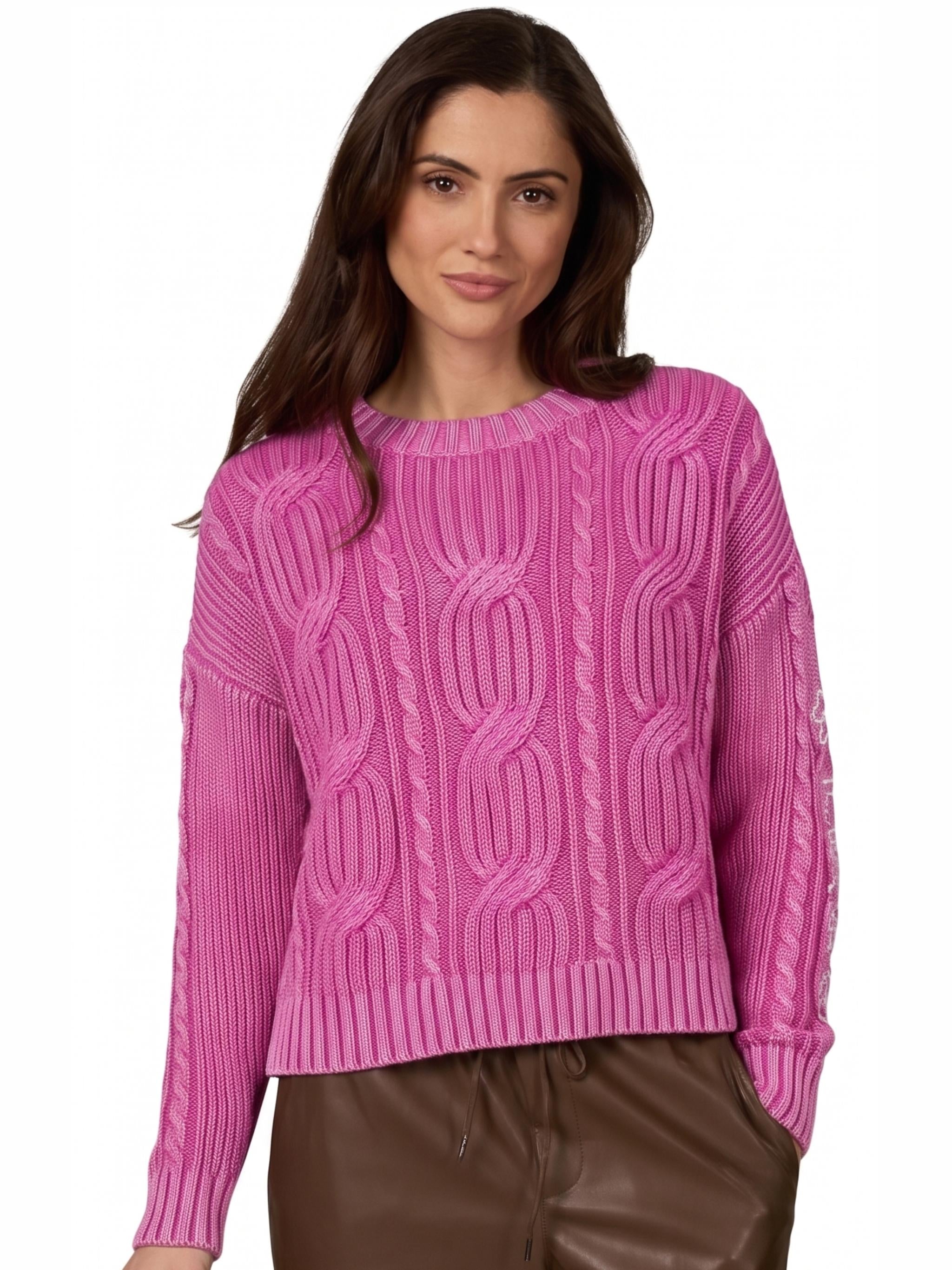 Damen Strickpullover aus Zopfmuster mit Stickerei aus Baumwolle - DoroC