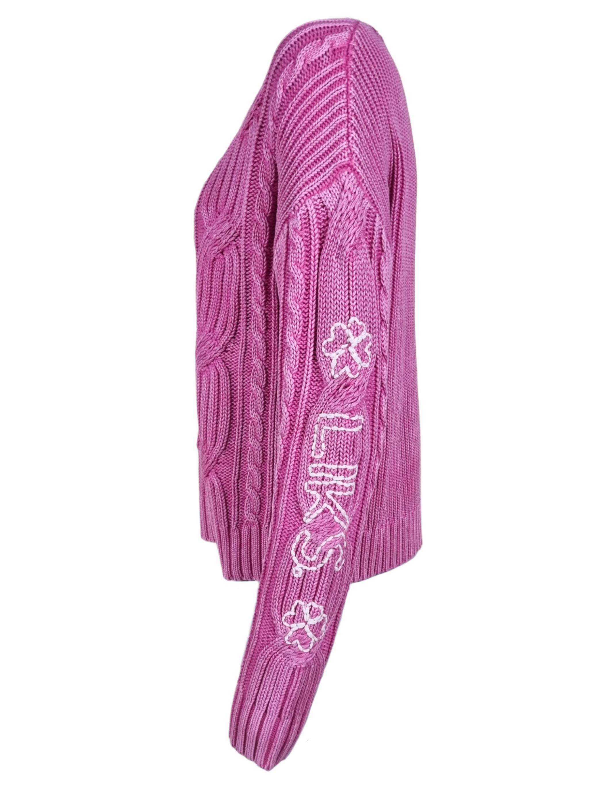 Damen Strickpullover aus Zopfmuster mit Stickerei aus Baumwolle - DoroC