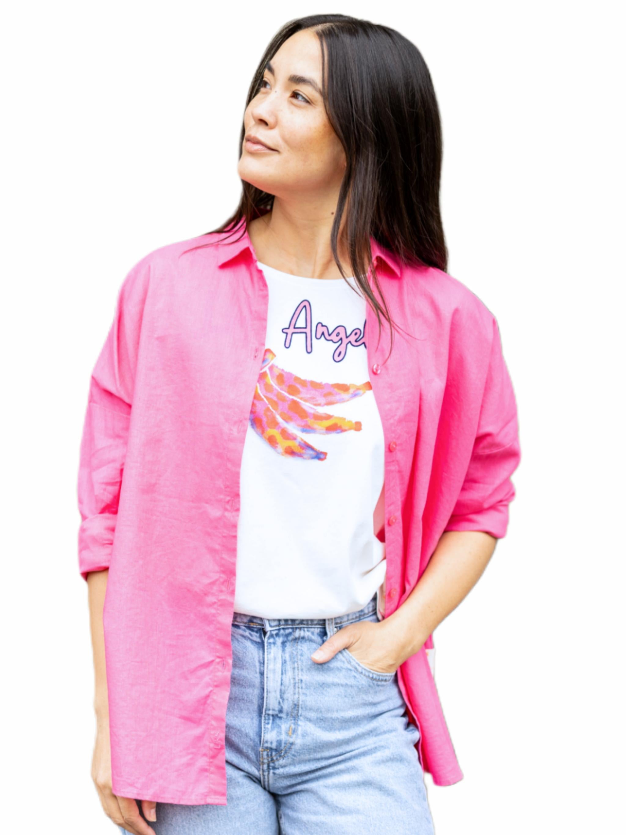 Bluse mit Hemdkragen in Leinen - Baumwolle