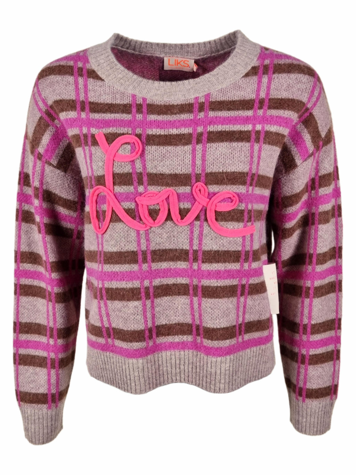 Damen Strickpullover im Karo Jacquard mit "Love" patch aus Woll-Alpaka Mischung - DelphineC