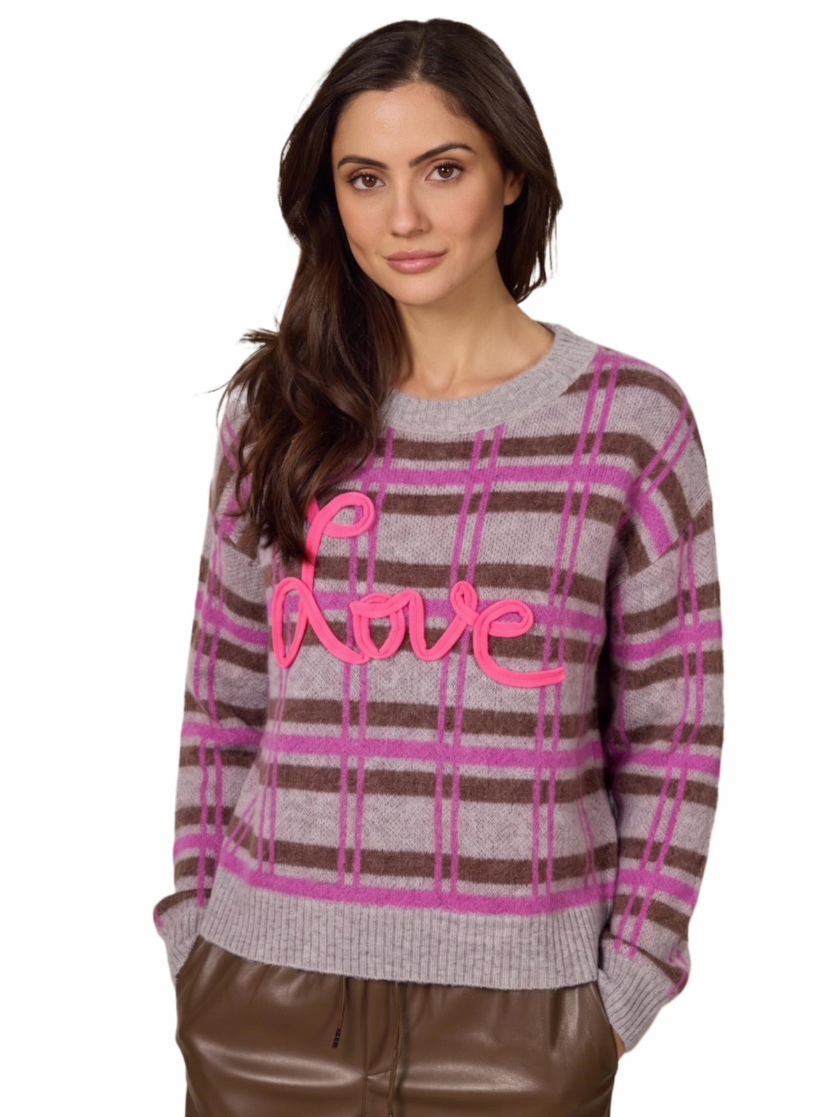 Damen Strickpullover im Karo Jacquard mit "Love" patch aus Woll-Alpaka Mischung - DelphineC