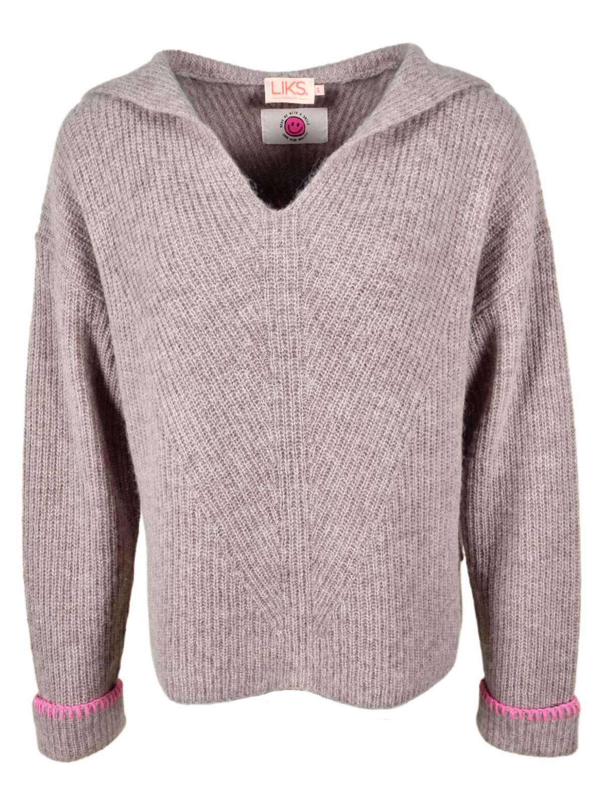 Damen Strickpullover mit Kapuze und Smilie Patch am Rücken aus Woll-Alpaka Mischung - DaisyC