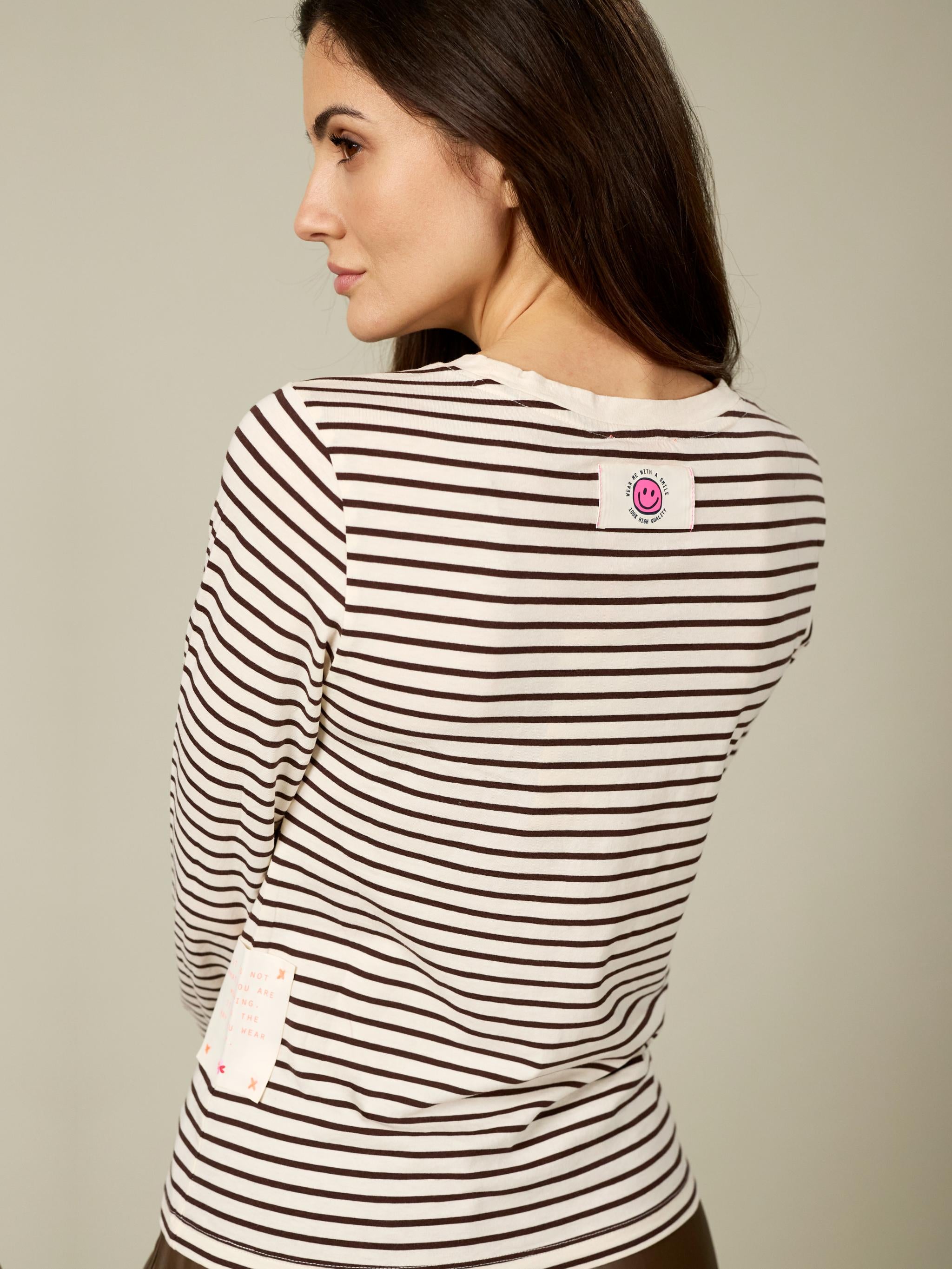Damen Langarmshirt gestreift mit Flockprint aus Organic Cotton - Lyocell - Mischung -