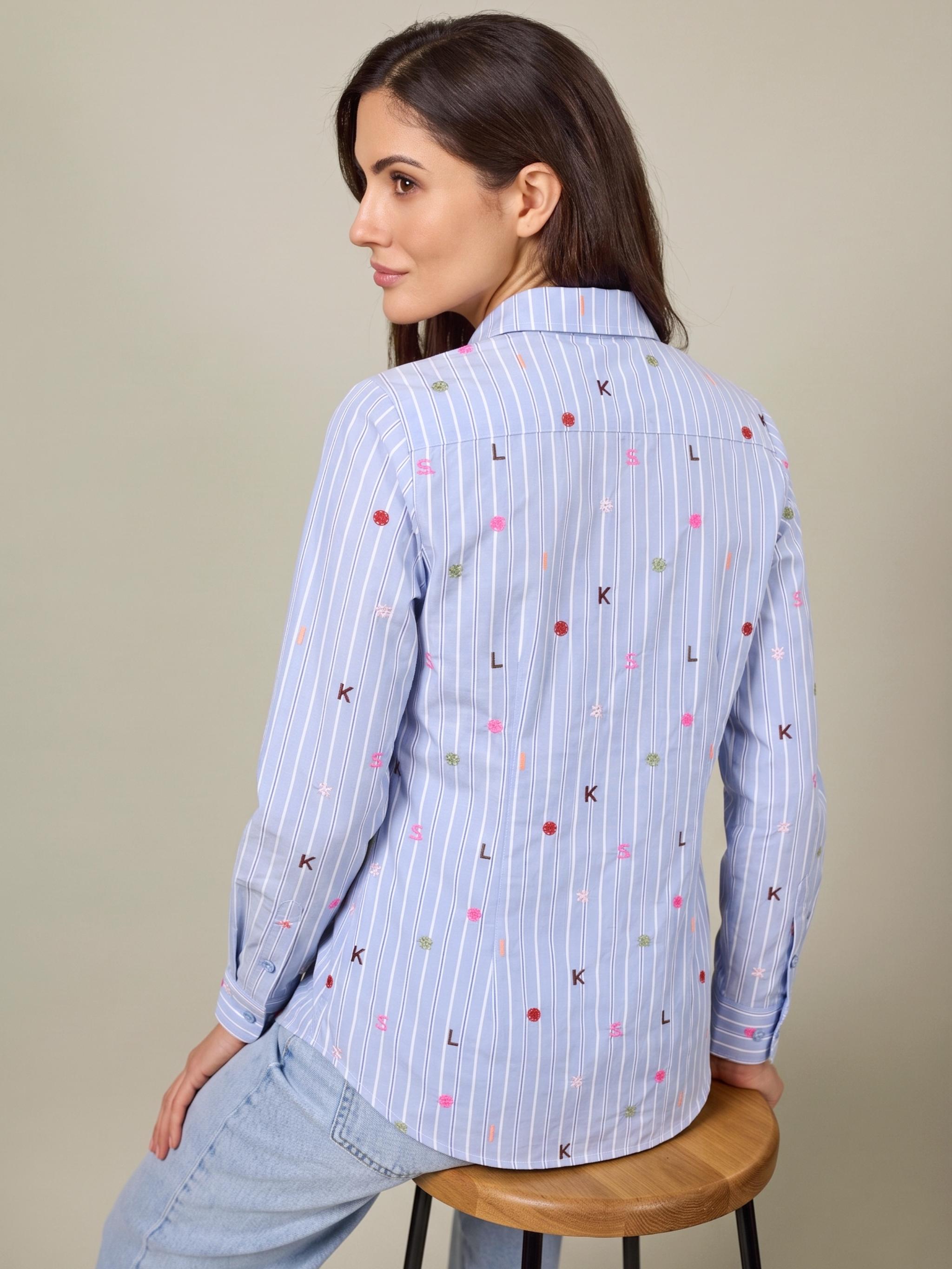 Damen Bluse gestreift mit allover Stickerei aus Baumwolle - GesaC