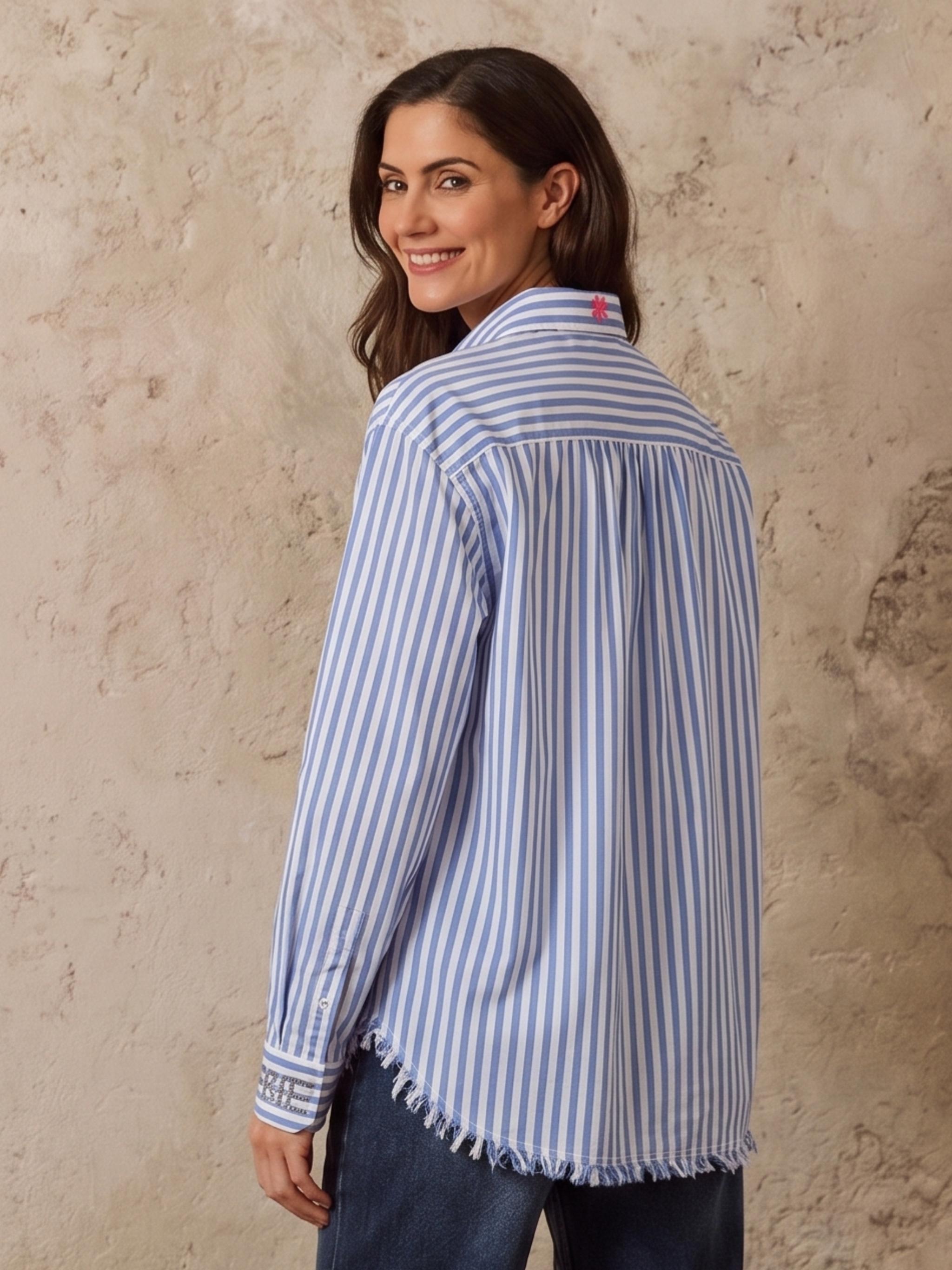 Damen Bluse uni mit gestreift mit Brusttasche, Raffung am Rückenteil aus Baumwolle - GraceC