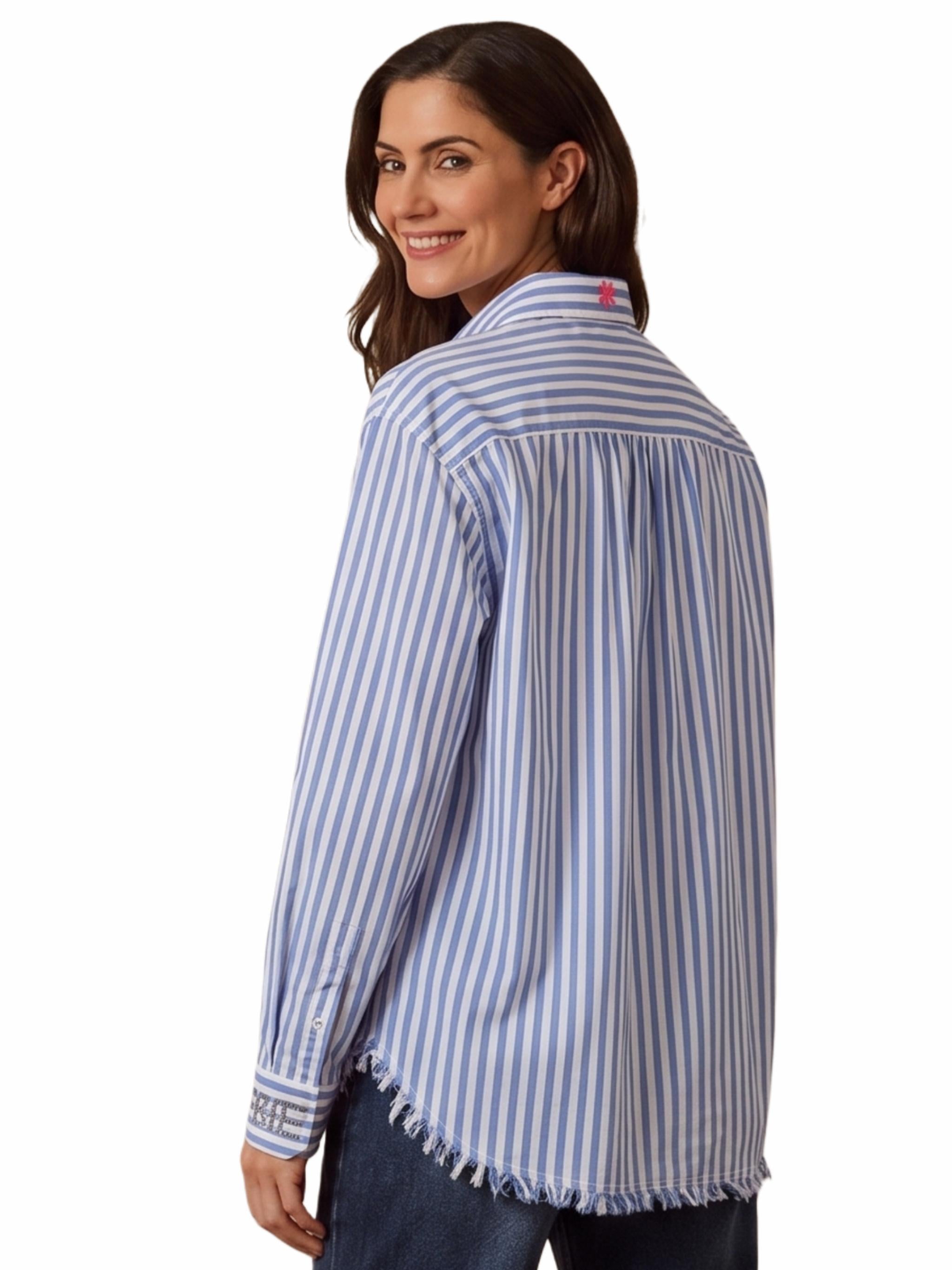 Damen Bluse uni mit gestreift mit Brusttasche, Raffung am Rückenteil aus Baumwolle - GraceC