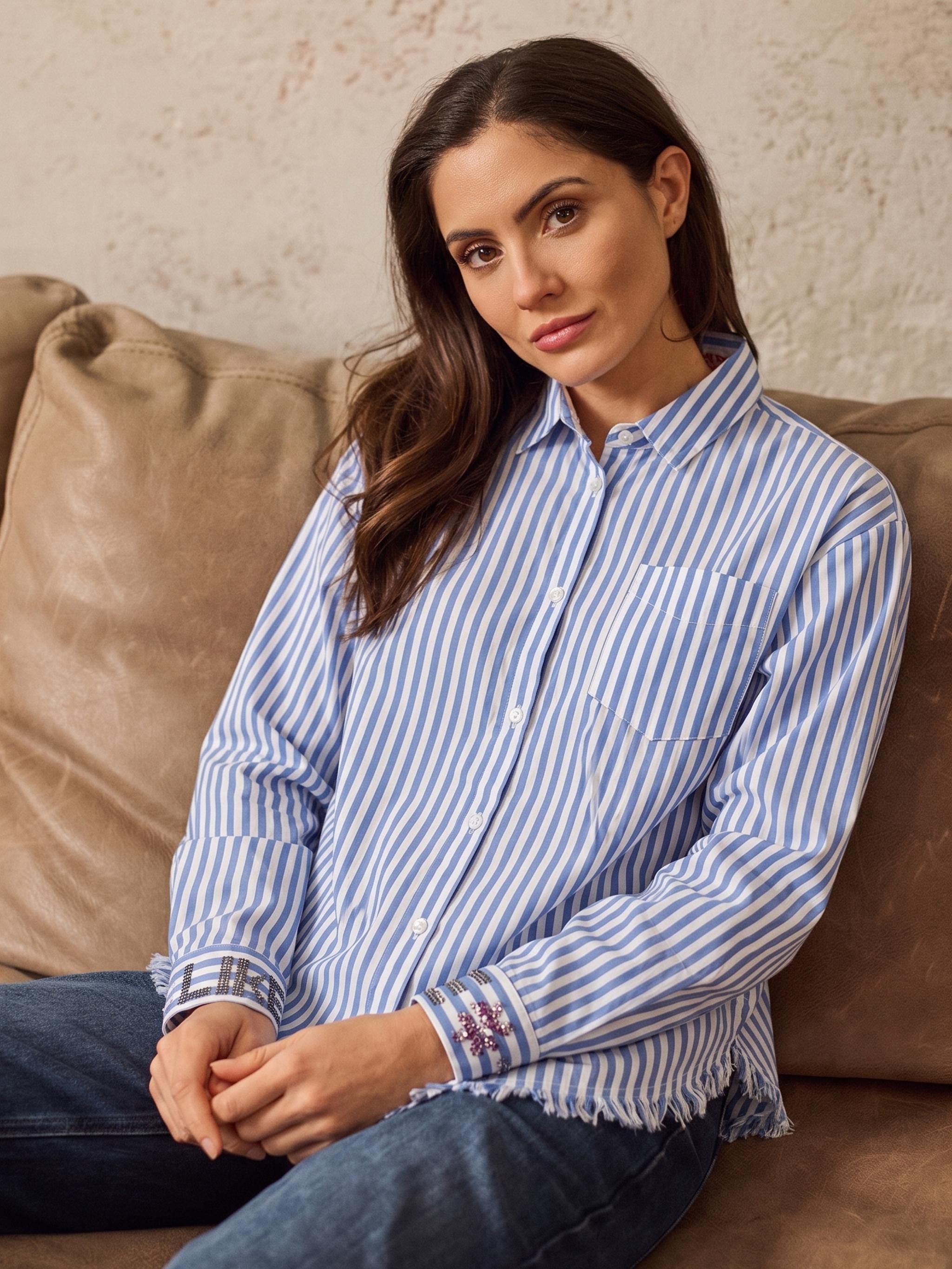 Damen Bluse uni mit gestreift mit Brusttasche, Raffung am Rückenteil aus Baumwolle - GraceC