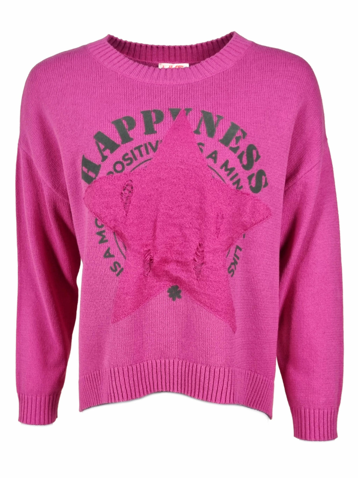 Damen Strickpullover mit Flockprint und Sternpatch am Vorderteil aus Baumwoll - Polyacryl - Mischung